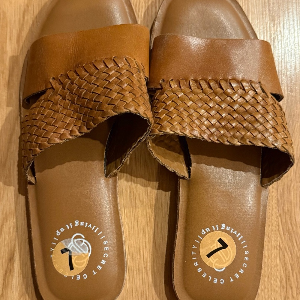 Secret Celebrity Living It Up Tan Woven Slide Sandal